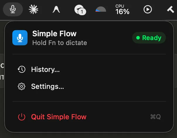 Simple Flow Menu Bar popover