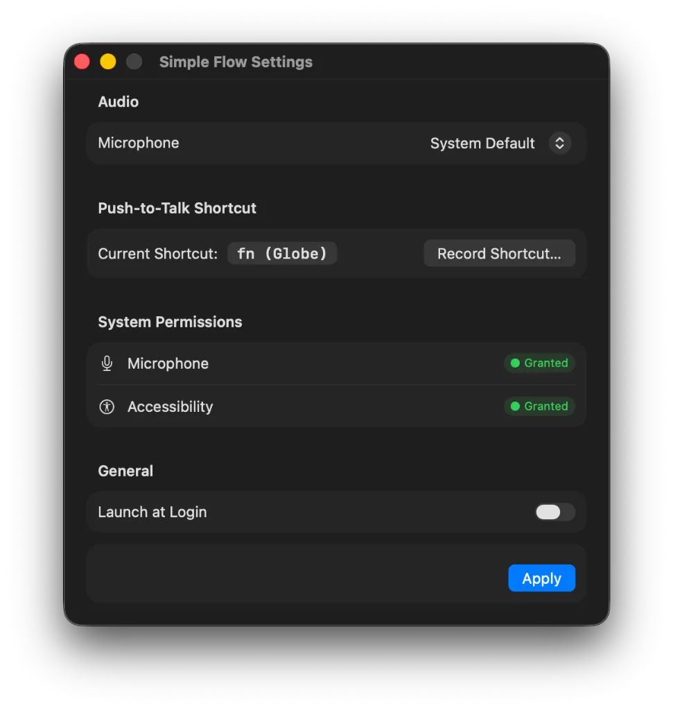 Simple Flow Settings window