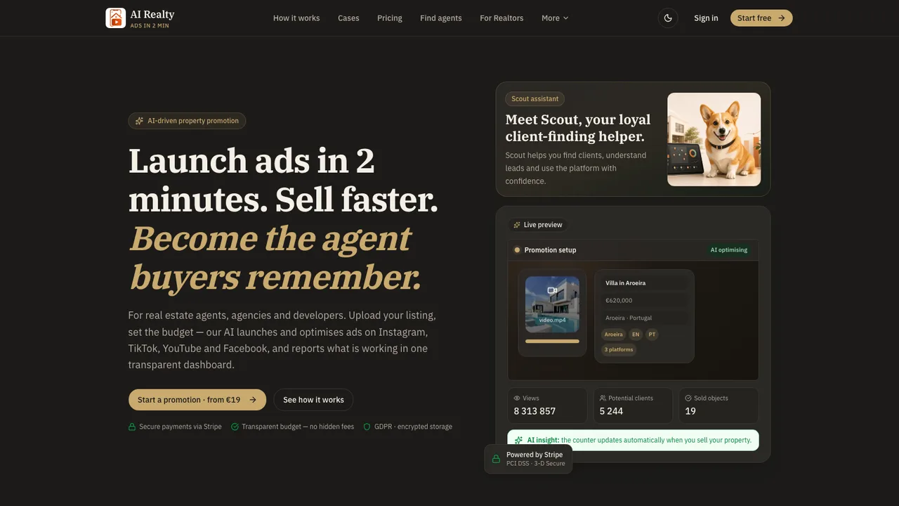 AI Realty landing page with a live promotion preview and campaign counters.