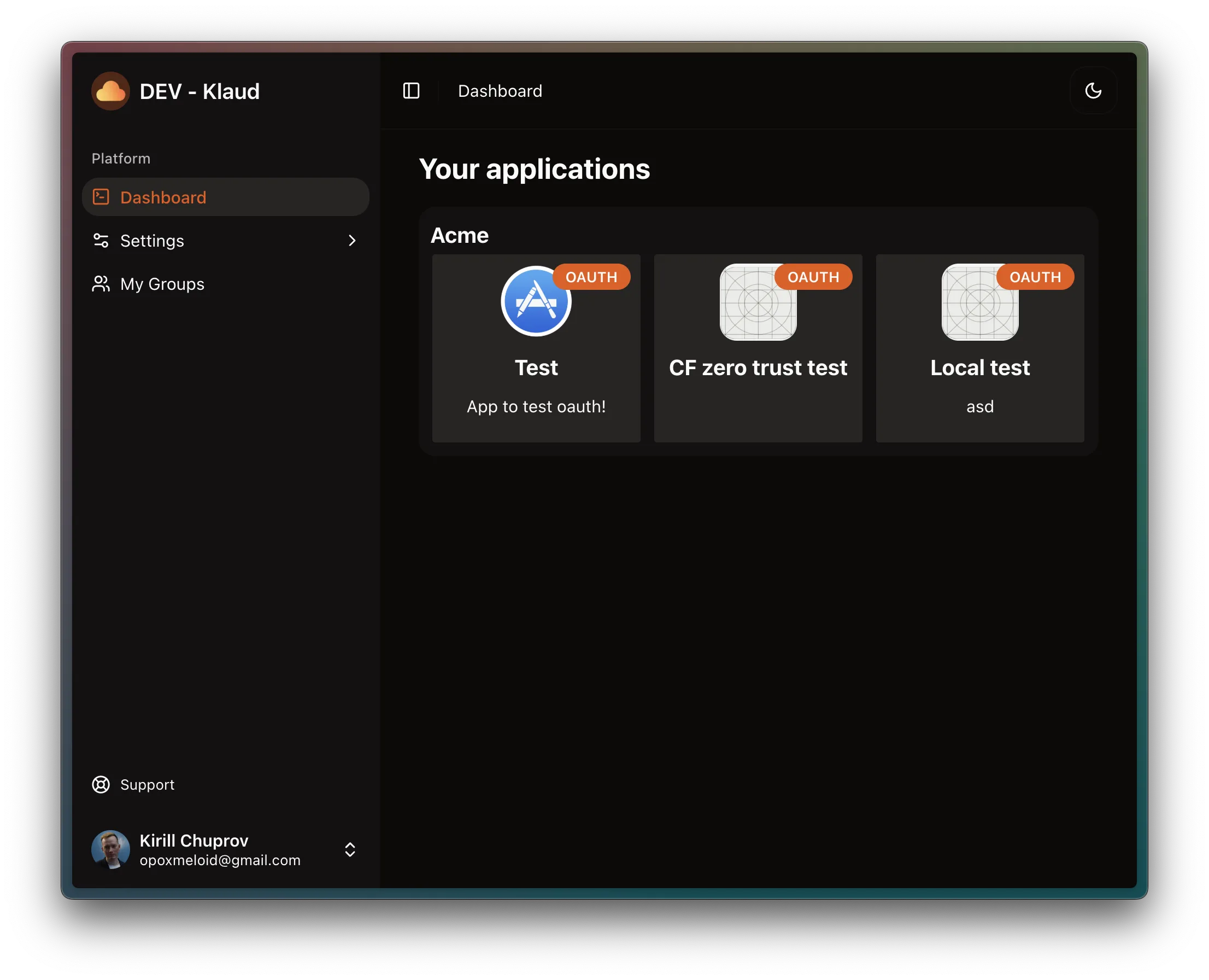 Klaud dashboard showing a group and its connected OAuth applications.